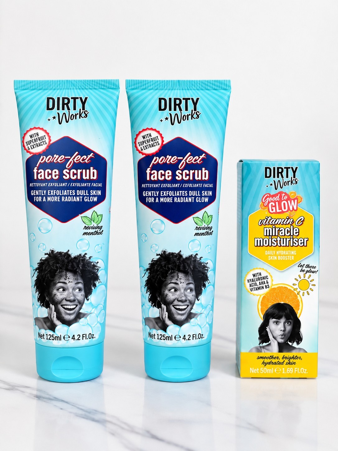 Dirty Works Skincare Set Pore-fect Face Scrub x2 + Vitamin C Moisturiser New Dirty Works Skincare Set Pore-fect Face Scrub x2 + Vitamin C Moisturiser New