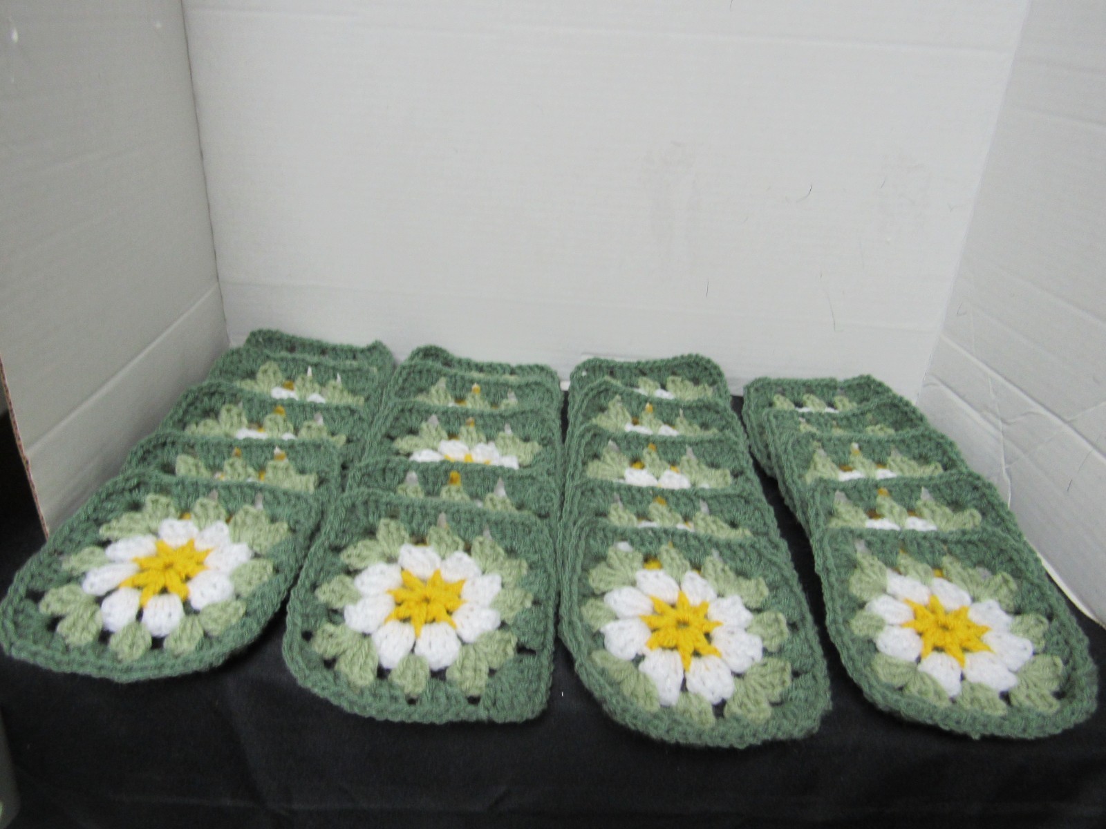 Lot of 20 5” Crochet Granny Squares, Floral, Yellow. White, 2 Shades of Green