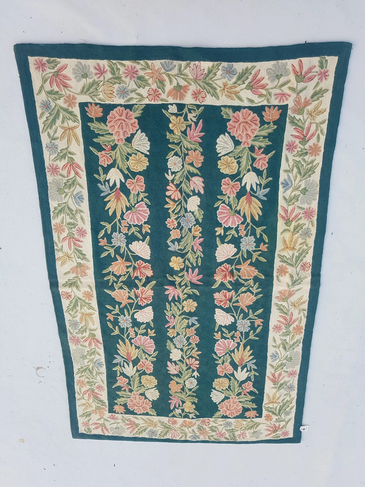 Vintage Traditional Handmade Kashmiri Chain Stitch Wool Green Kilim 5.3x3.4ft