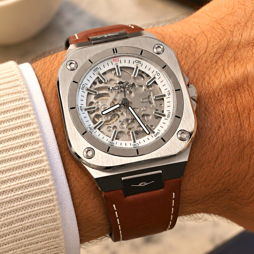 Mondia 817 SSSL CP Automatic Skeleton 43mm Square Silver Dial Brown Leather