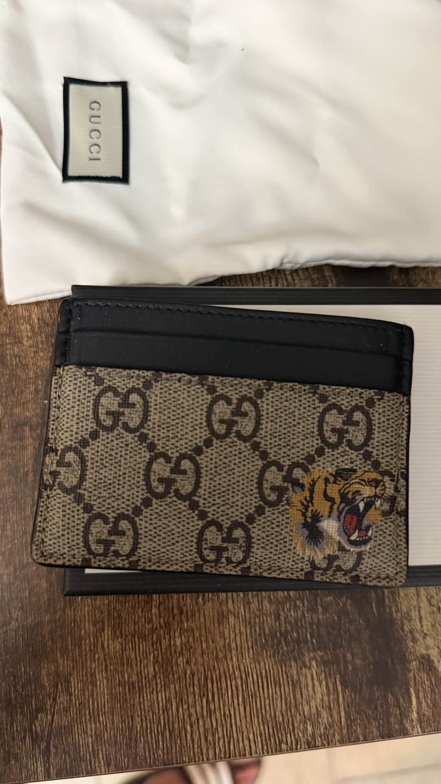 Gucci Bestiary Tiger Print GG Supreme Card Holder 451277 K5X1N 8666 Beige Ebony