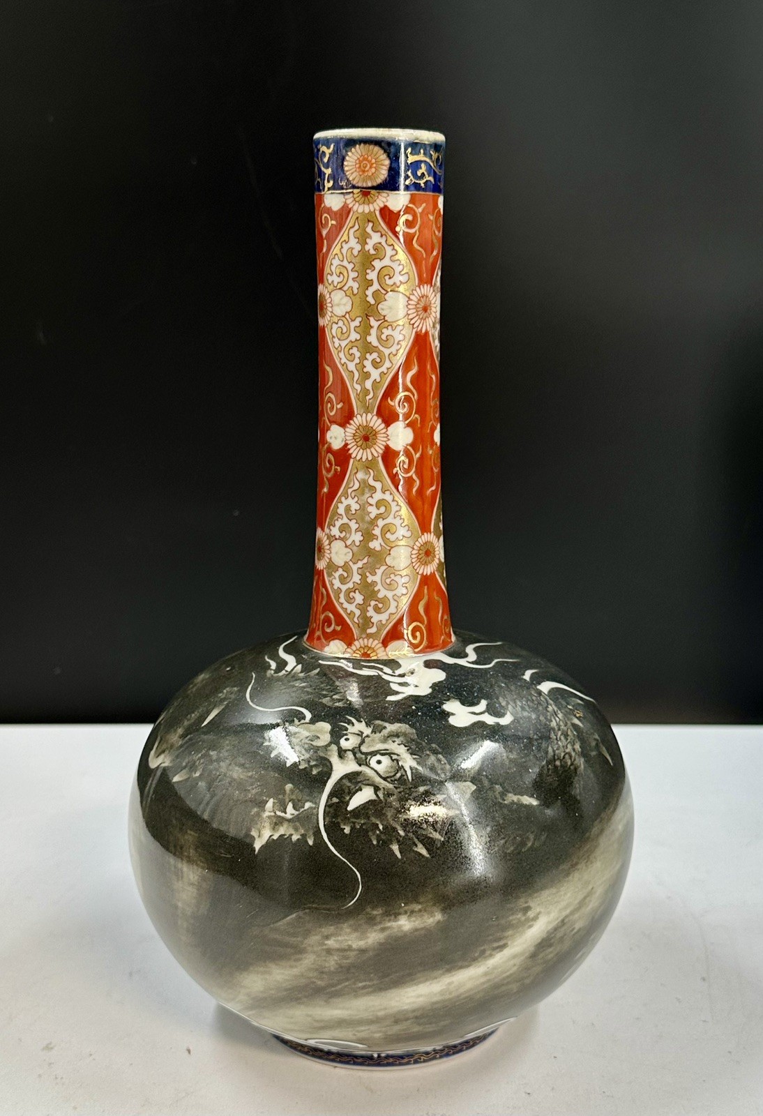 Japanese Fukagawa Koransha Kutani Vase Dragon Clouds Painting Meiji Period