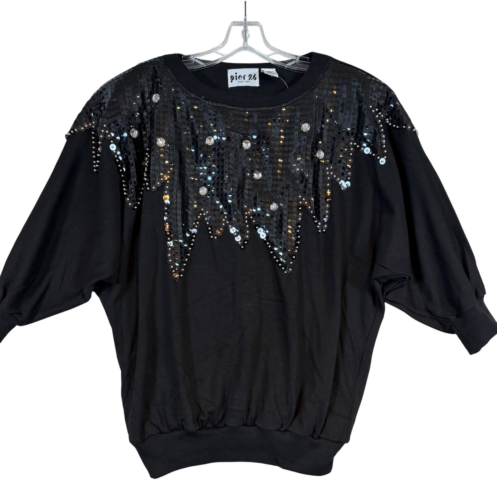 NWT Pier 26 New York Womens Black Sequin Rhinestone Batwing Knit Top Size M VTG