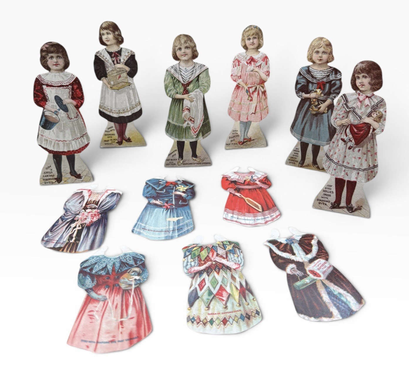1896 Diamond Dyes Paper Dolls Complete Set 6 Dolls 6 Dresses Victorian Advert.
