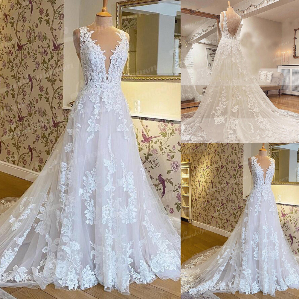 Elegant V Neck Beach Wedding Dresses Lace Appliques Backless Gowns Court Train 