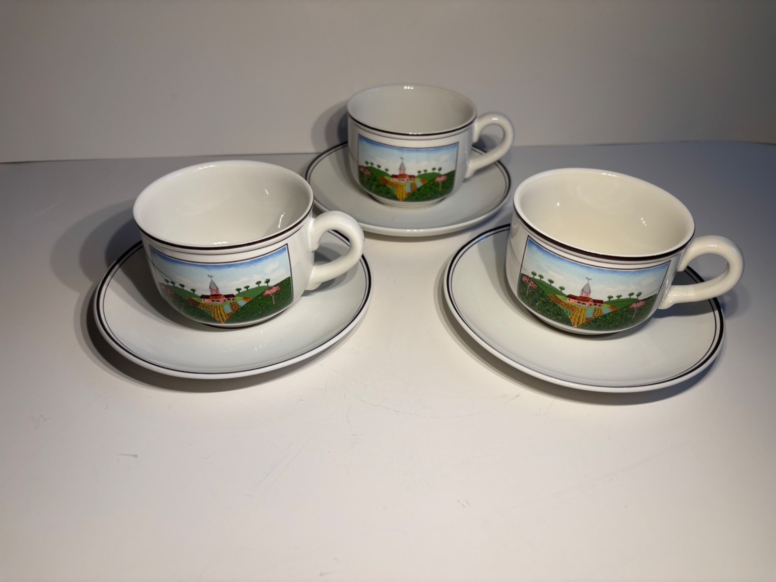 Villeroy & Boch China Design Naif Cup And Saucer Farm Scene And Duck -Set Of 3