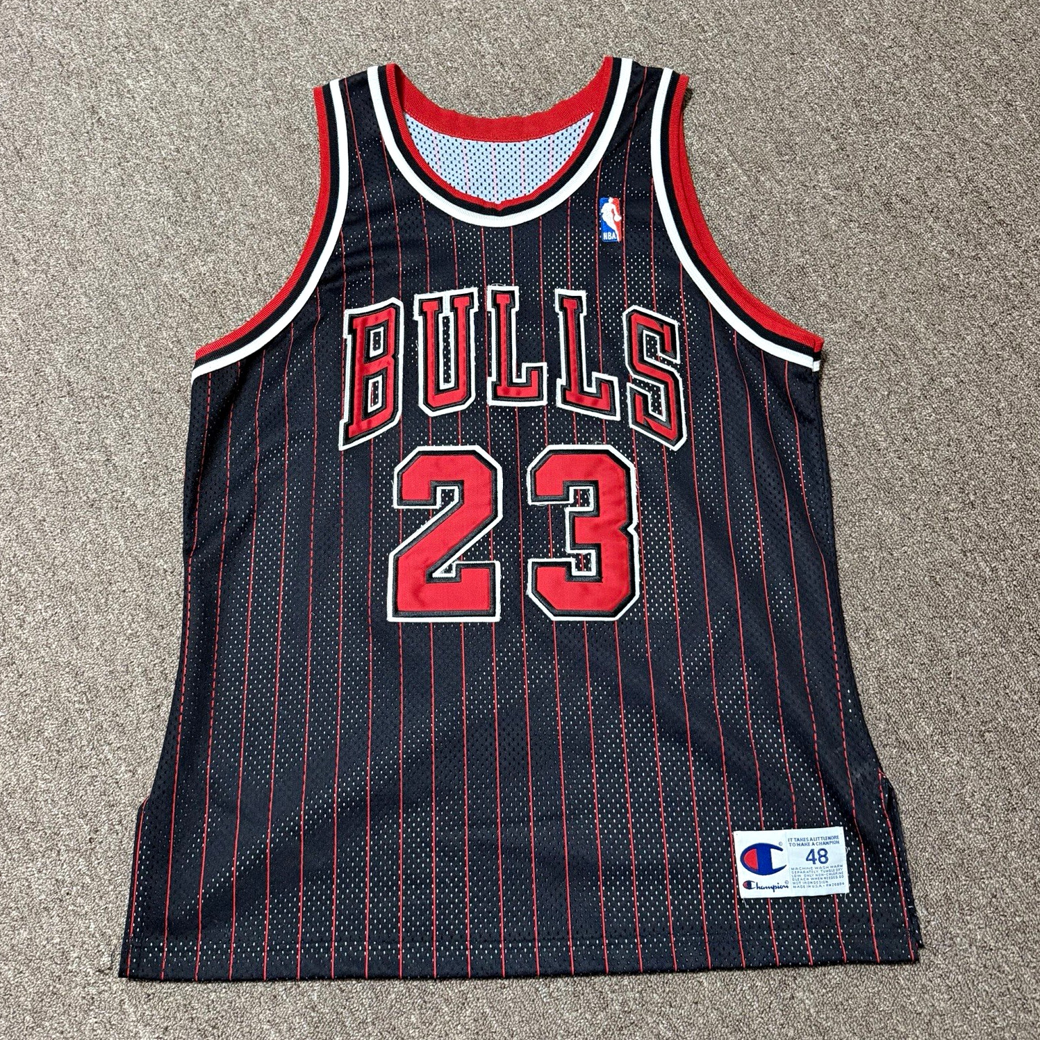 Champion Chicago Bulls Michael Jordan #23 Black Pinstripe Jersey Men’s 48