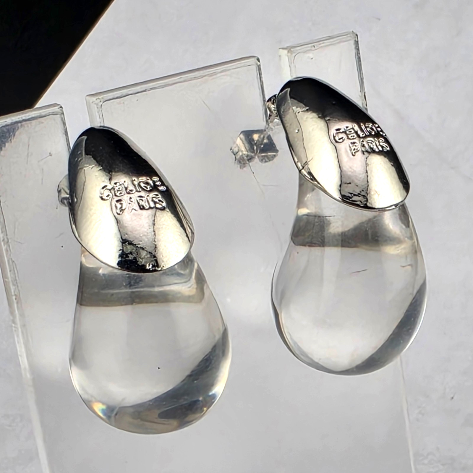 Vintage Signed Celine Paris Clear Lucite Silver Plate Hoop Pierced Earrings Vintage Signed Celine Paris Clear Lucite Silver Plate Hoop Pierced Earrings