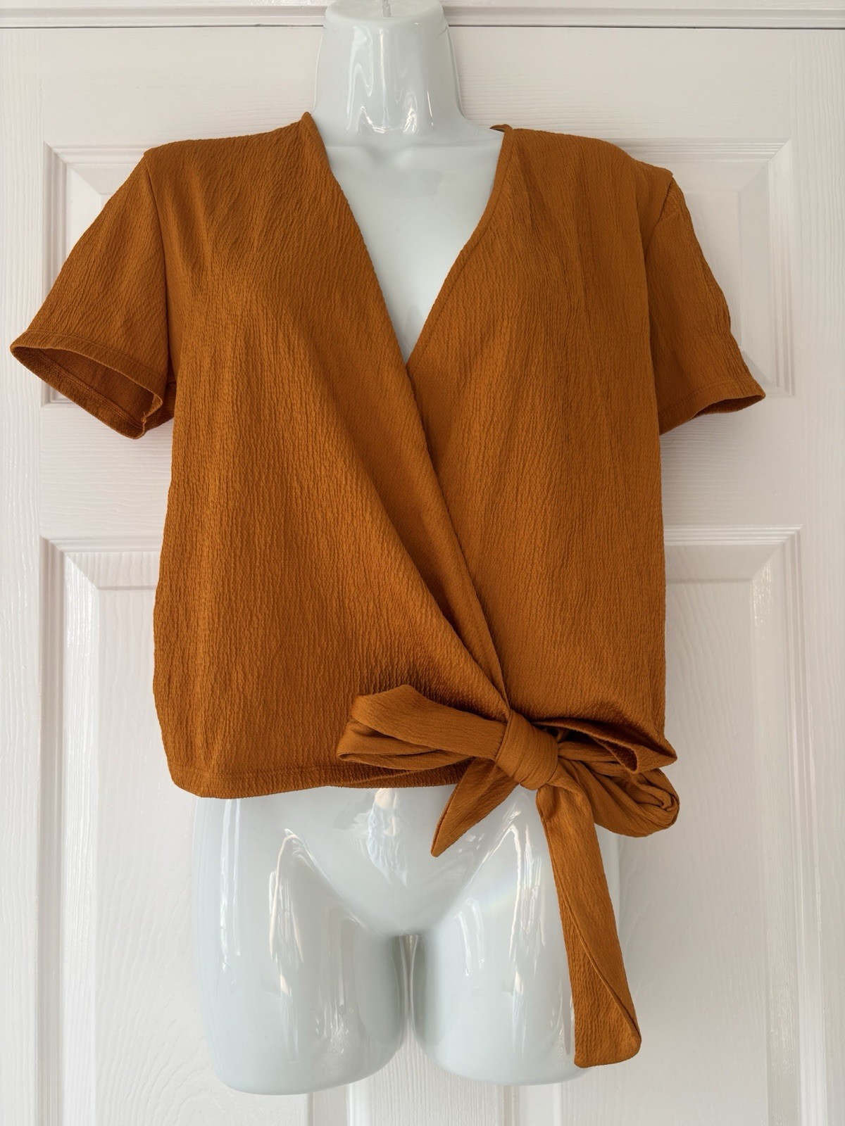 ZARA Rust Orange Textured Wrap Top Tie Waist Short Sleeve | Size M