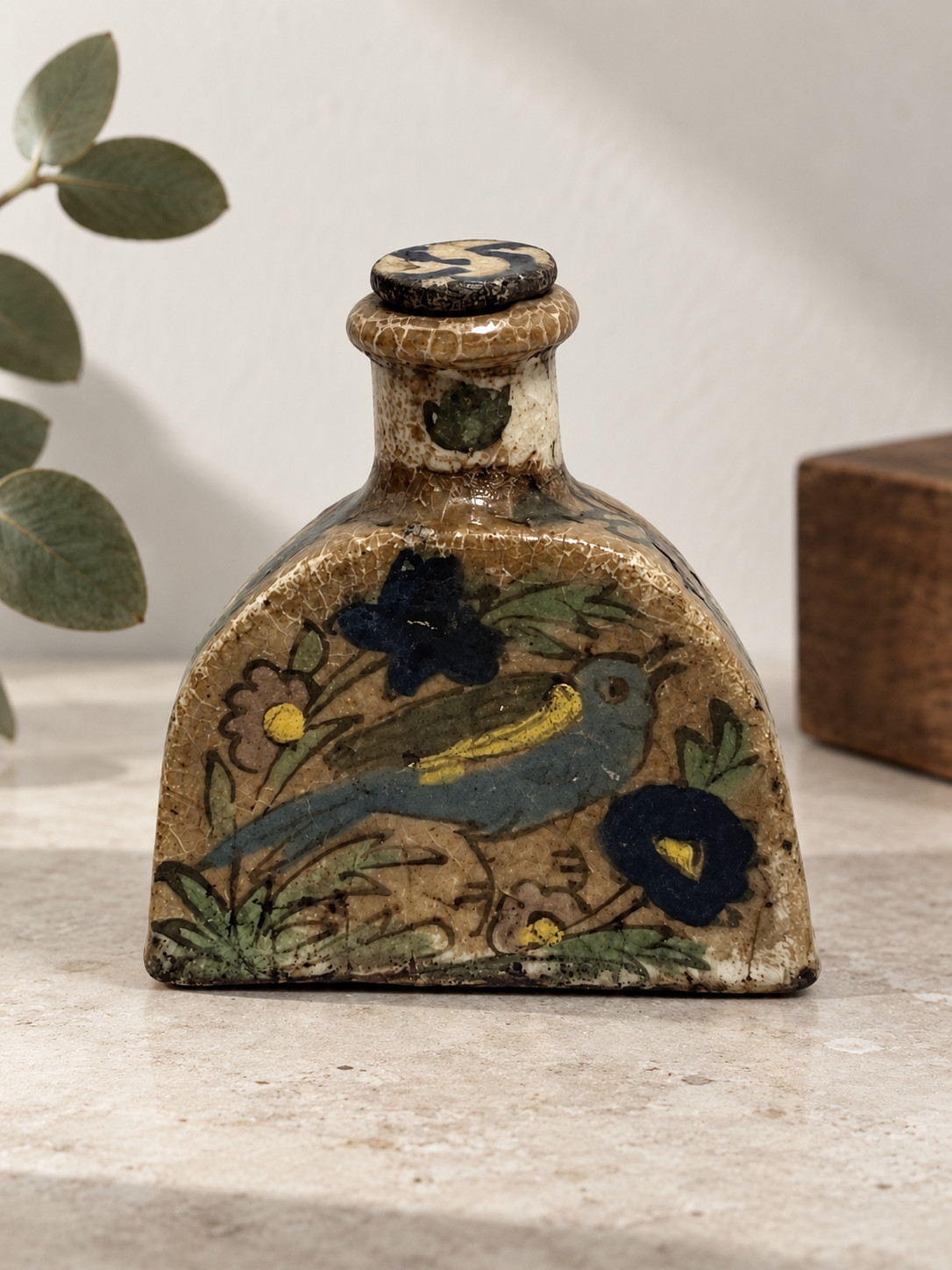 Antique Qajar Pottery Flask with Original Stopper, 19th Century Islamic Art Antique Qajar Pottery Flask with Original Stopper, 19th Century Islamic Art