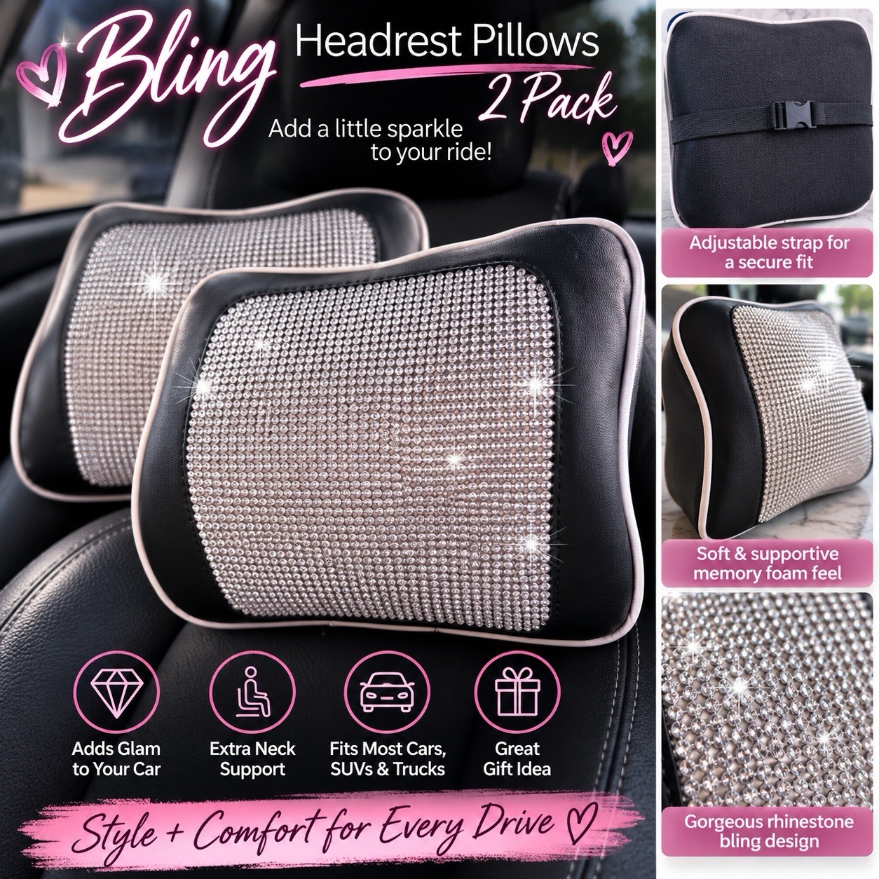 2 Bling Rhinestone Car Headrest Neck Pillows Memory Foam Cushion Black Silver