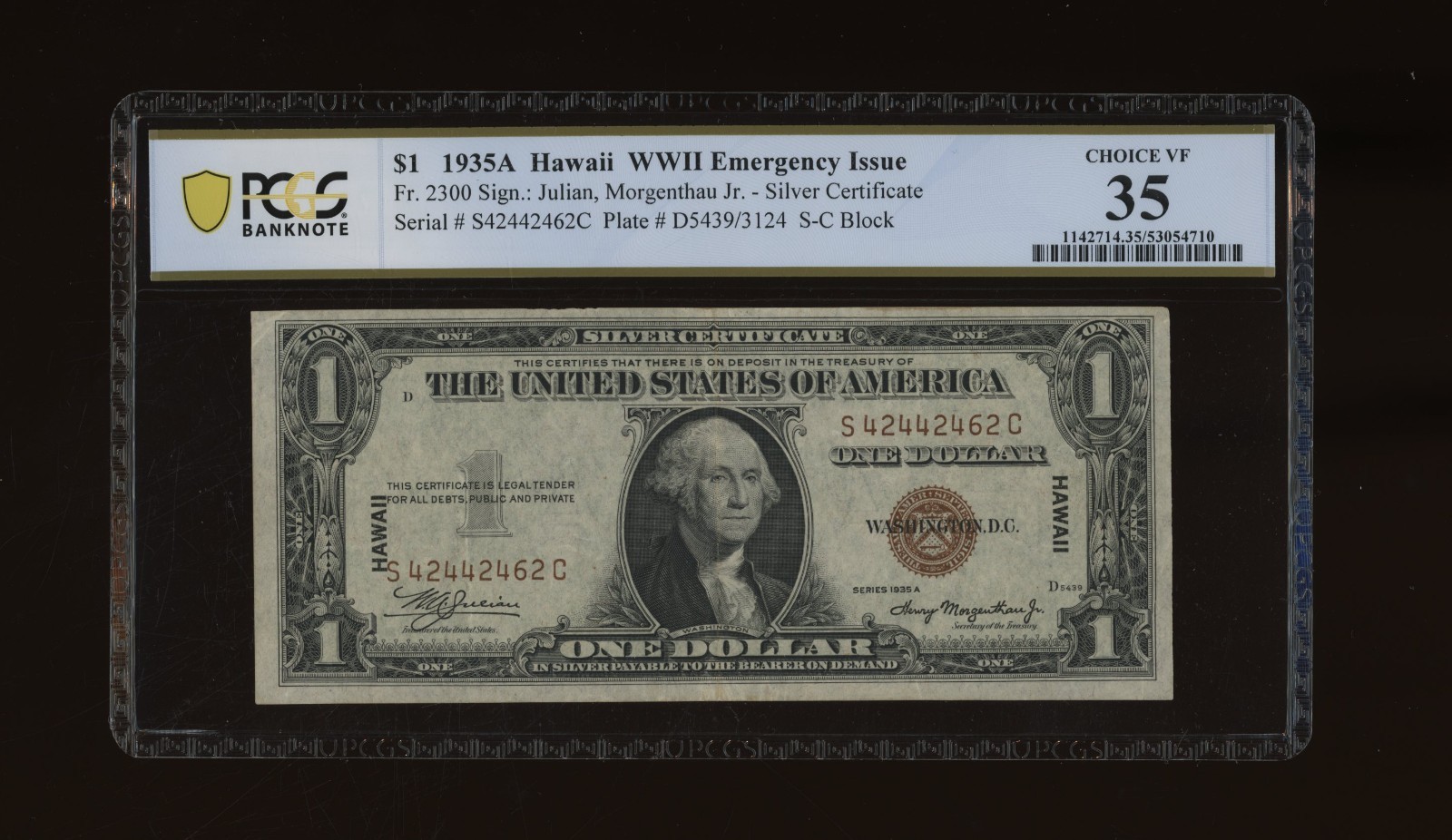 DBR 1935-A $1 Silver Hawaii SC Block Fr. 2300 PCGS-B 35 Serial S42442462C