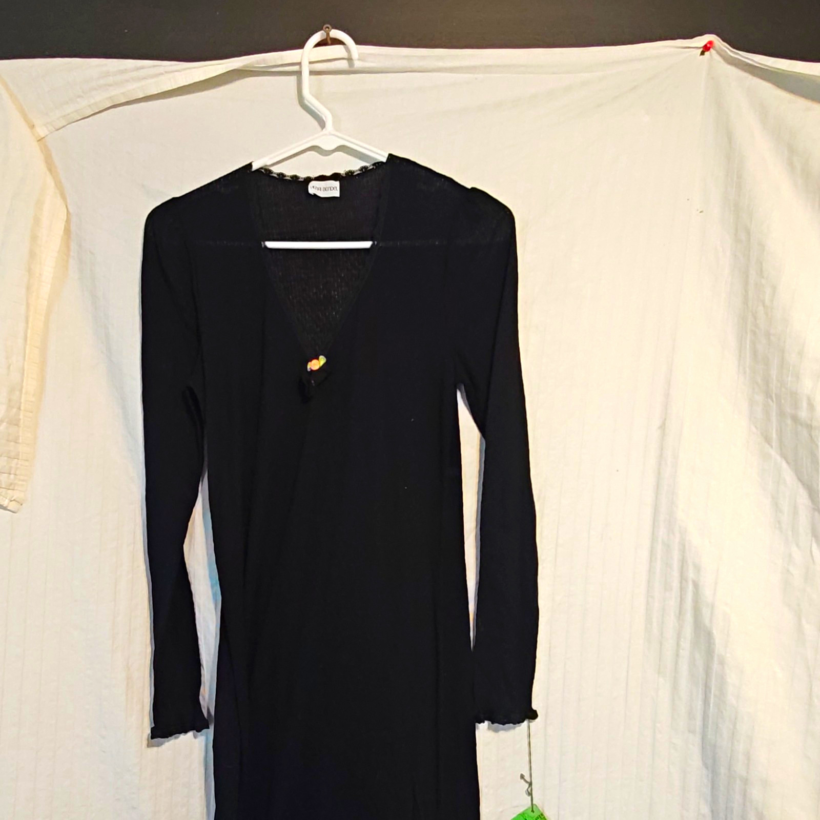Henri Bendel Black Maxi Dress M V-Neck Long Sleeve Knit Lace Sheer Pullover