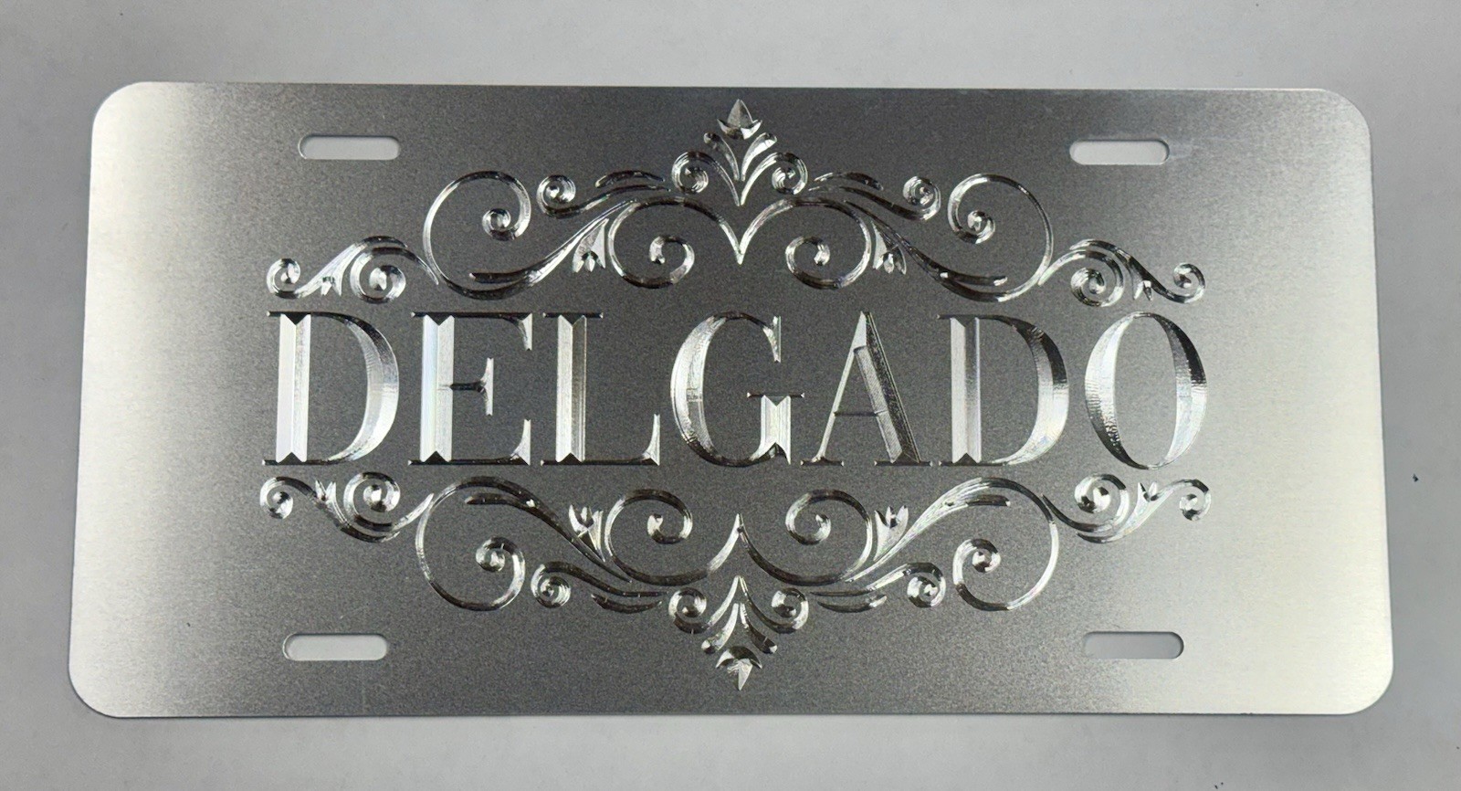 Engraved Custom Personalized Scroll Car Tag Diamond Etched Silver License Plate