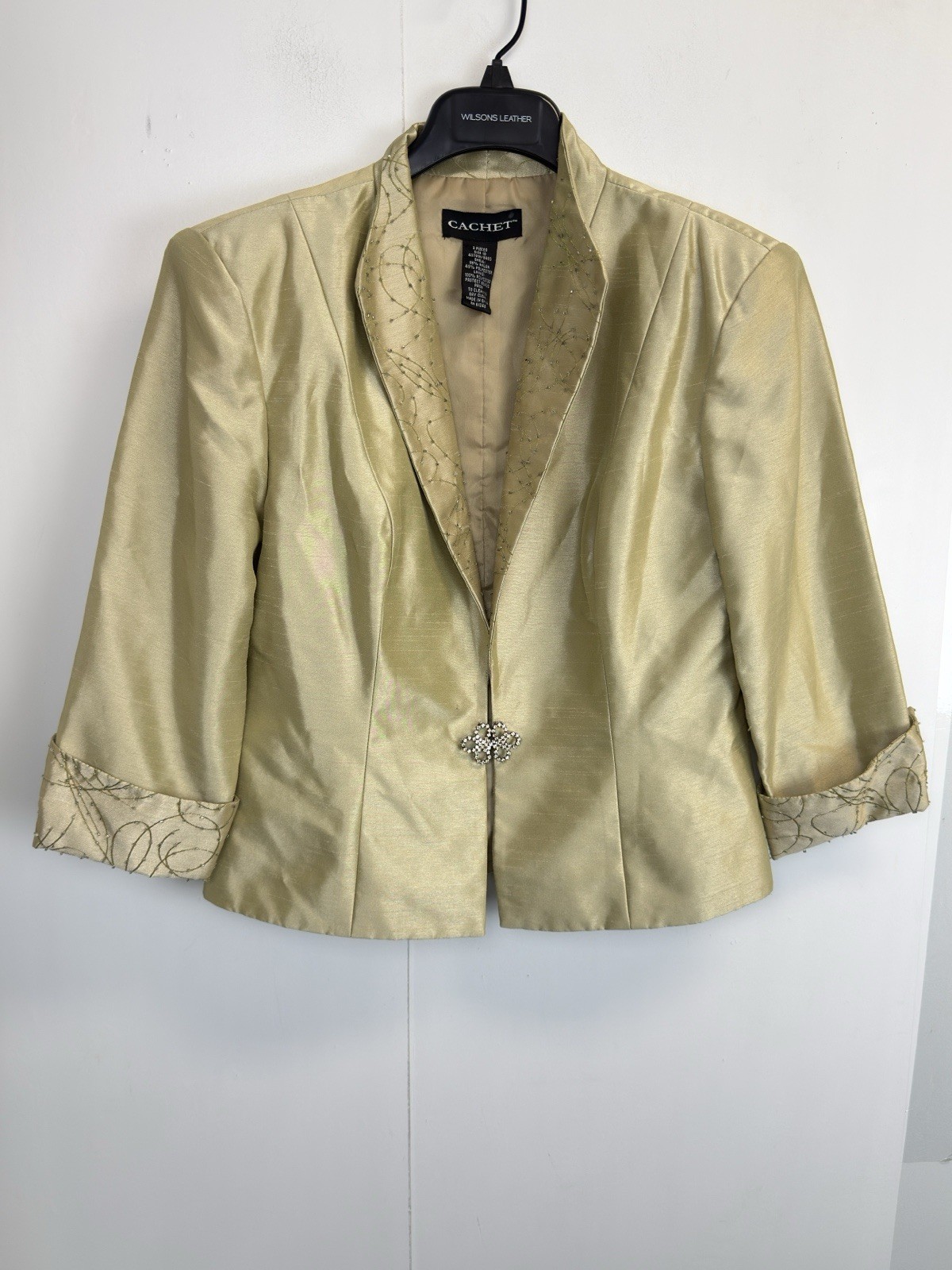 Vintage Cachet Women\'s 10 Gold Beaded Formal Blazer Jeweled Clasp 3/4 Sleeves
