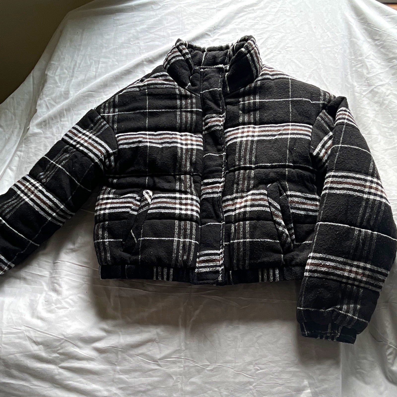 CISONO Women’s M Black White Plaid Zip Front Collared Puffer Jacket Darla