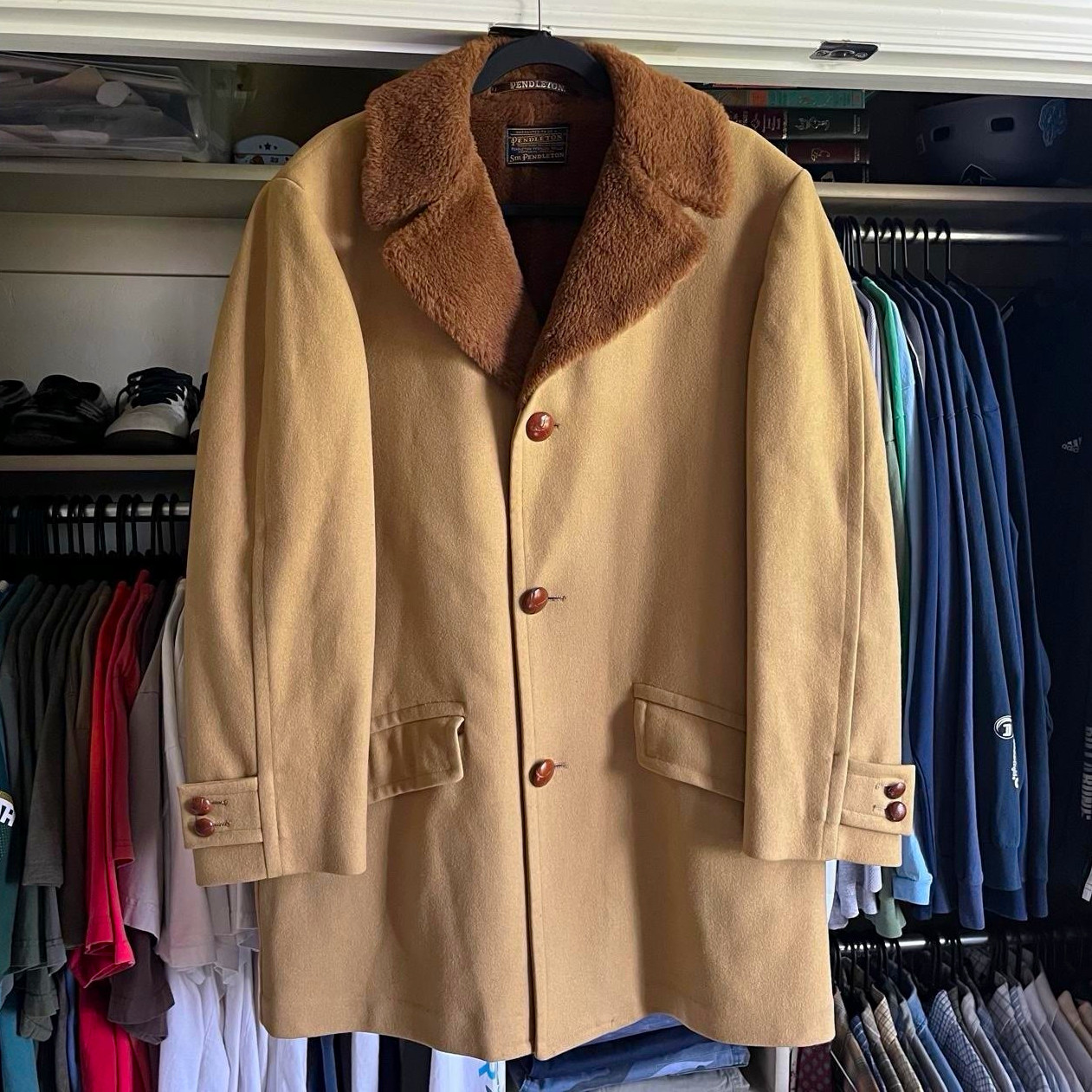 True Vintage 1960\'s Sir Pendleton Faux Fur Collared Wool Button Coat Men\'s Large