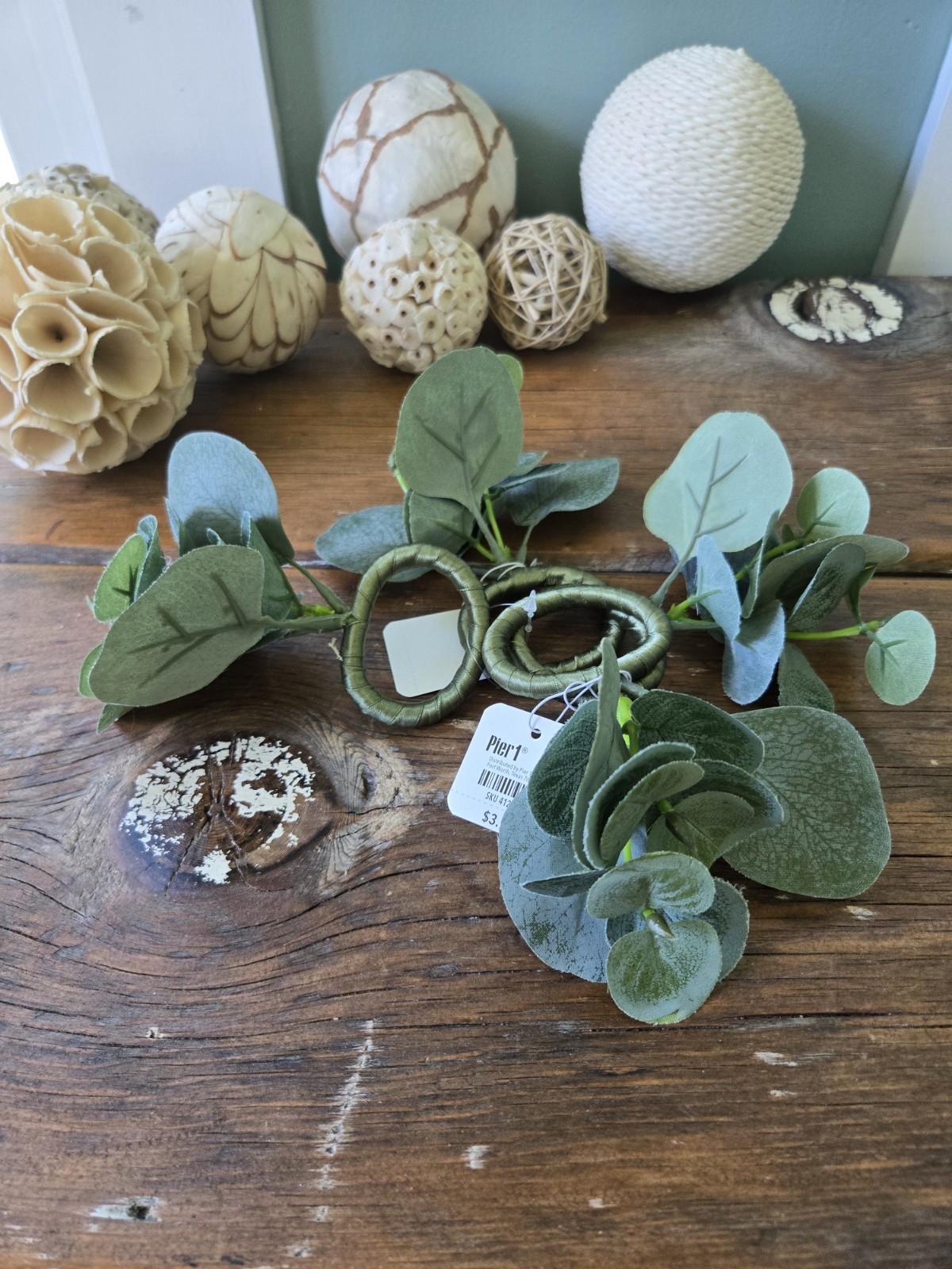 Vintage Pier 1 Eucalyptus Napkin Rings Set of 4 NOS Farmhouse Boho Table Decor