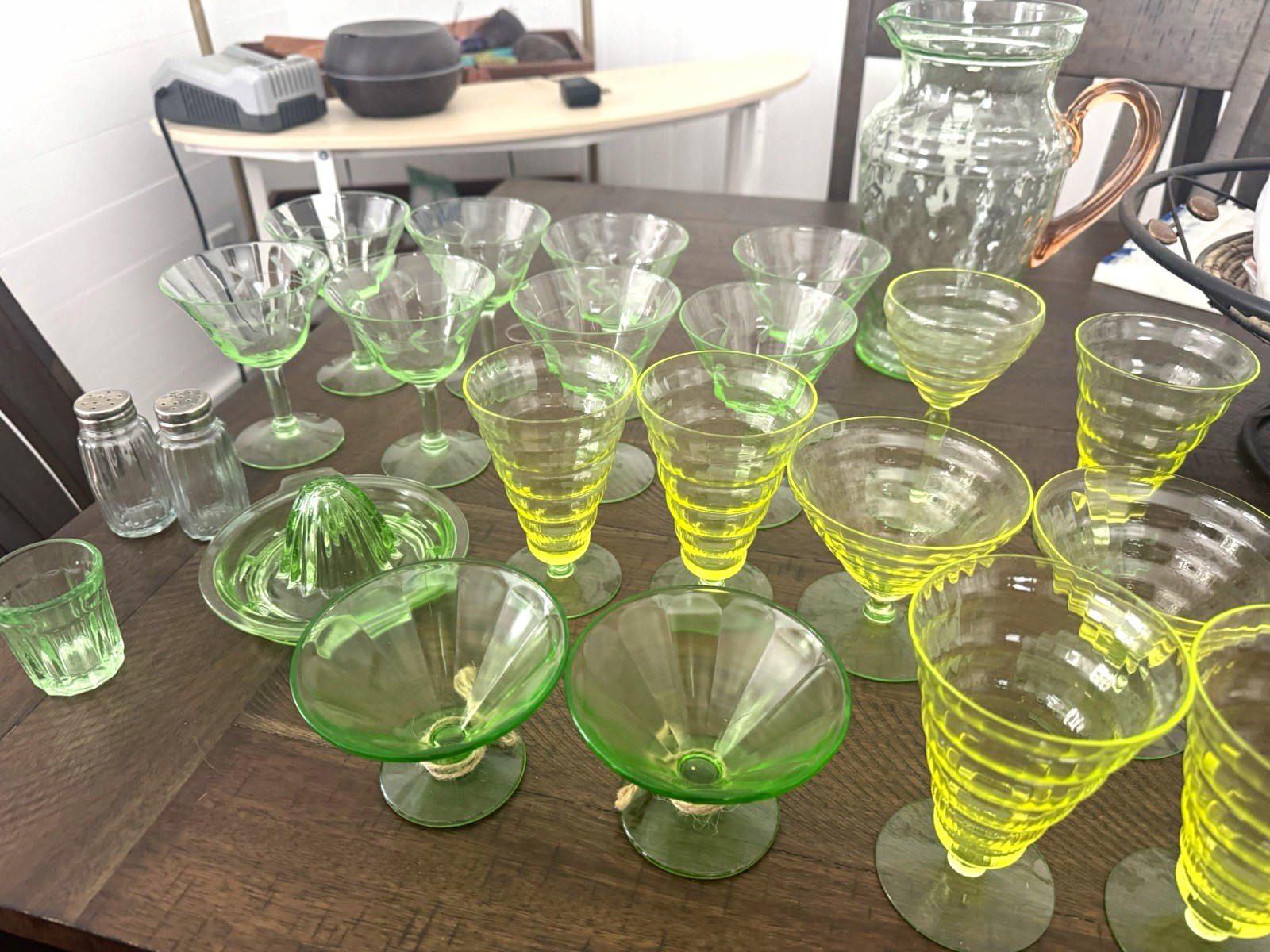 REDUCED Uranium glass collection.  23 pieces including 12” pitcher with handle.
