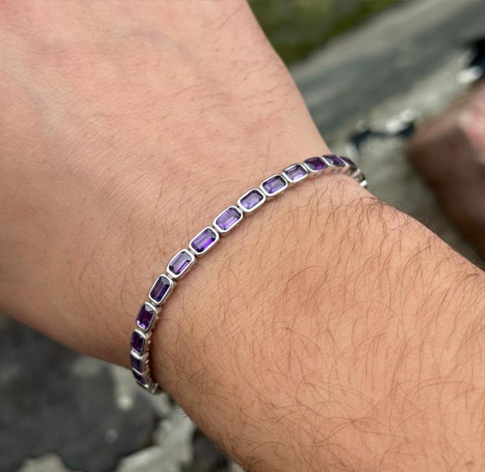 925 Silver Baguette Amethyst Gemstone Purple Chain Bracelet