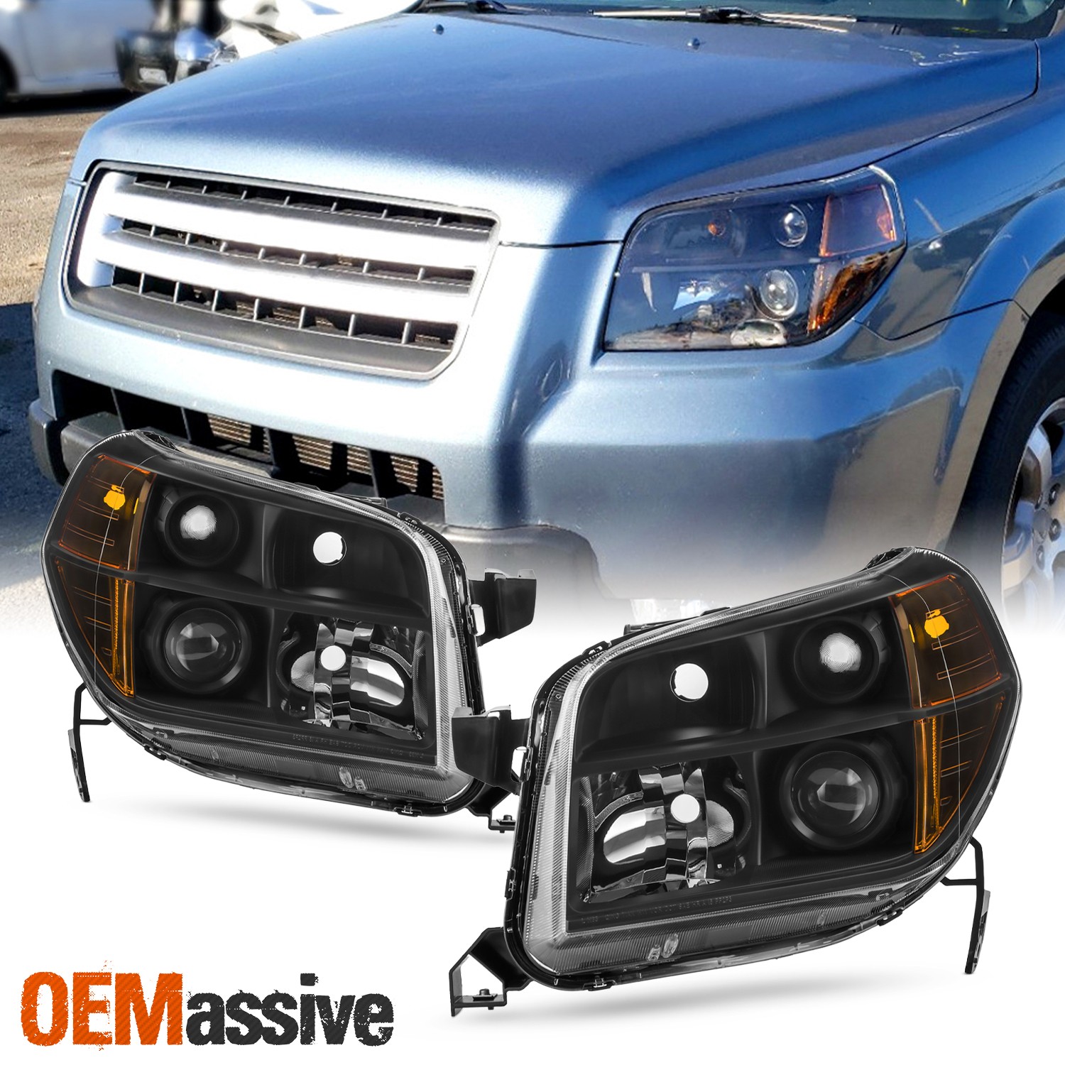 Fit 06-08 Honda Pilot Black Bezel Projector Headlights Headlamps Replacement