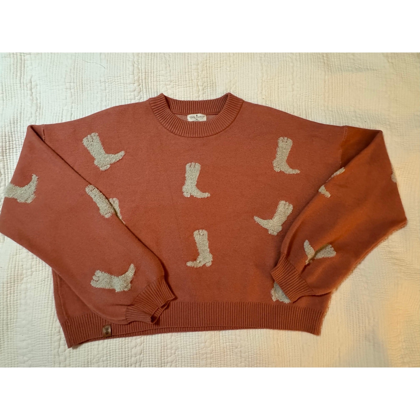 Simply Southern Cropped Cowboy Boot Sweater XL Terracotta Pink