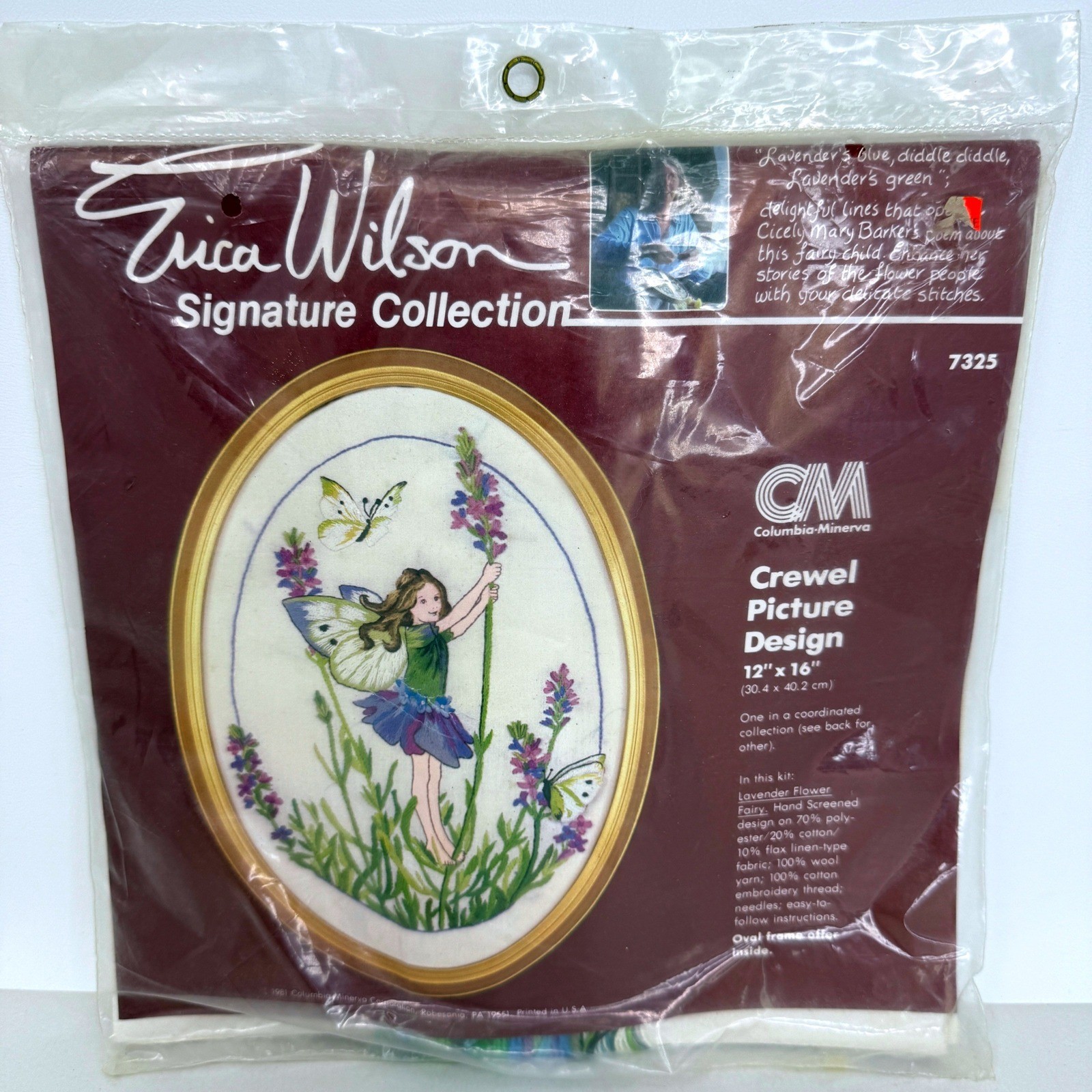 Vintage Erica Wilson Columbia-Minerva Crewel Kit Lavender Flower Fairy 7325