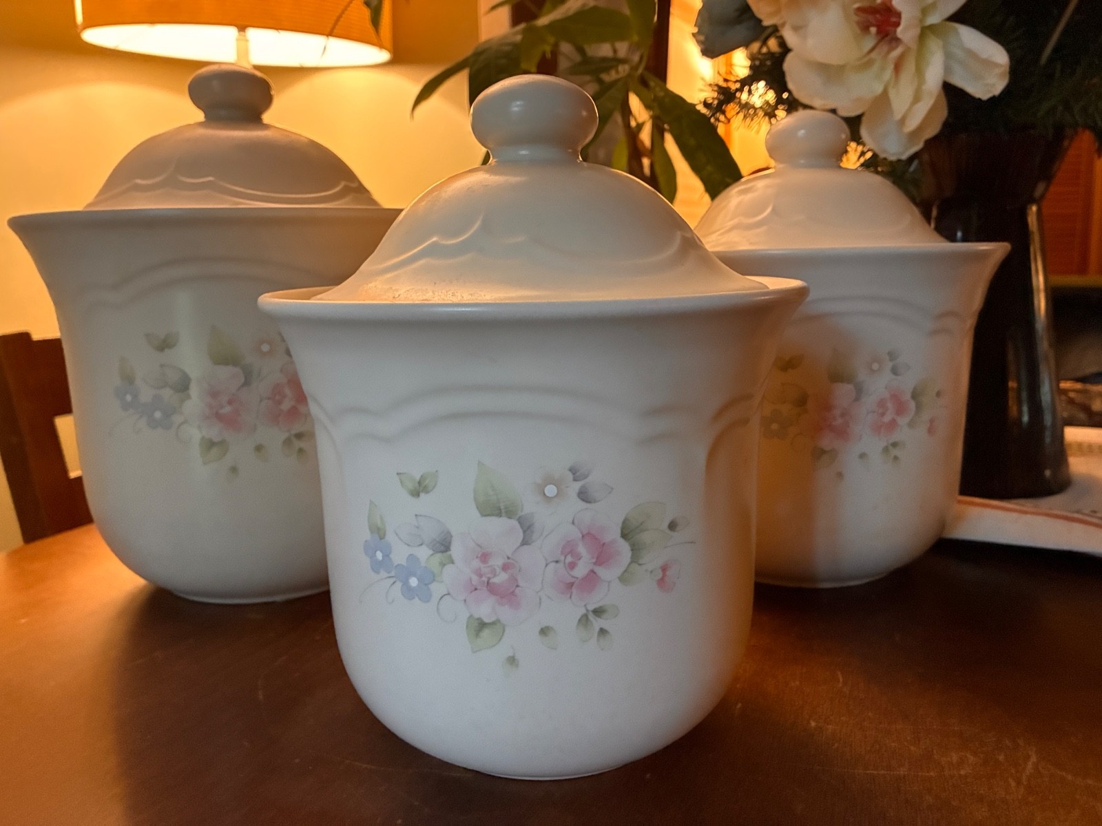 Vintage Pfaltzgraff Tea Rose 3-Piece Canister Set with Lids - Immaculate