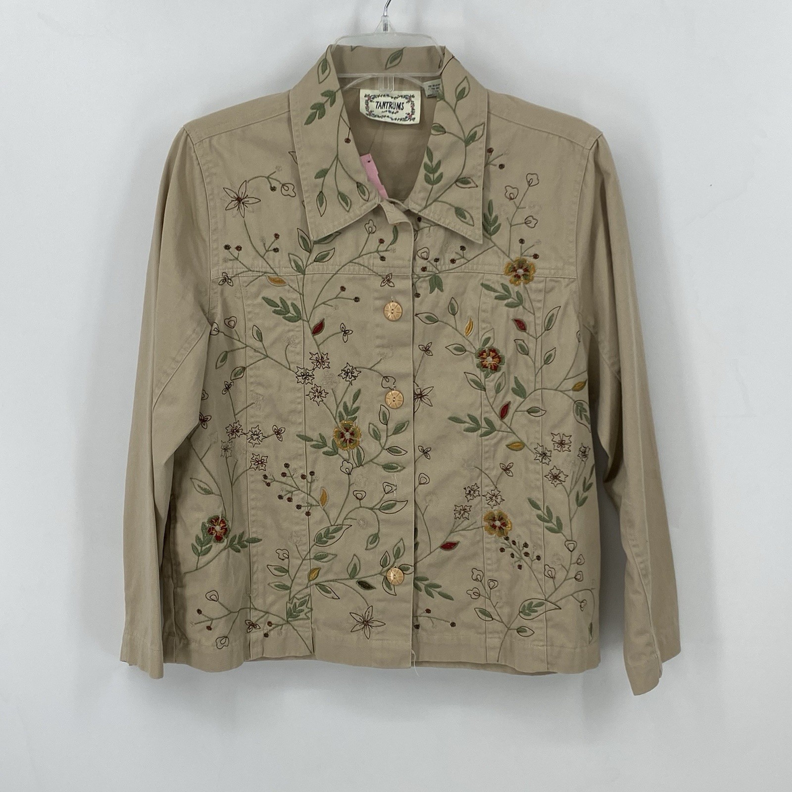Vintage Tantrums Floral Embroidered Tan Button Up Jacket 100% Cotton Large