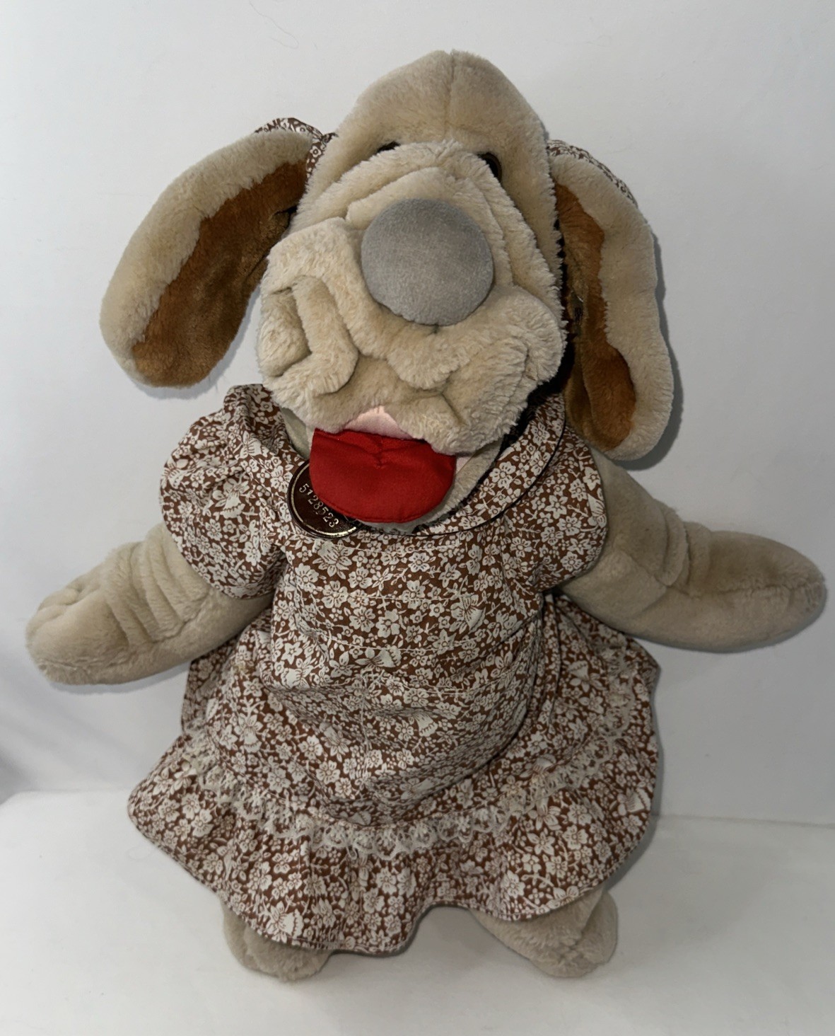 Vintage 1981 Ganz Bros Wrinkles The Dog Plush Hand Puppet Girl Floral Dress Bow Vintage 1981 Ganz Bros Wrinkles The Dog Plush Hand Puppet Girl Floral Dress Bow