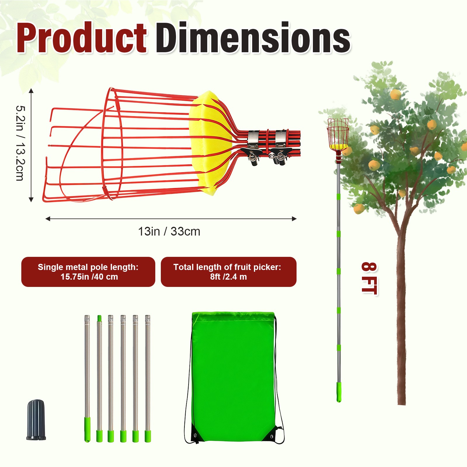 Fruit Picker Pole with Basket Telescoping Fruit Picker Tool with Long Handle