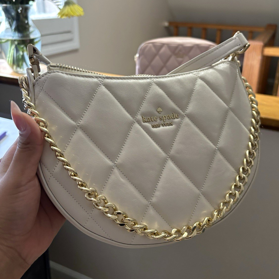 kate spade new york Carey Small Quilted Zip Crossbody Chain Strap White Gold