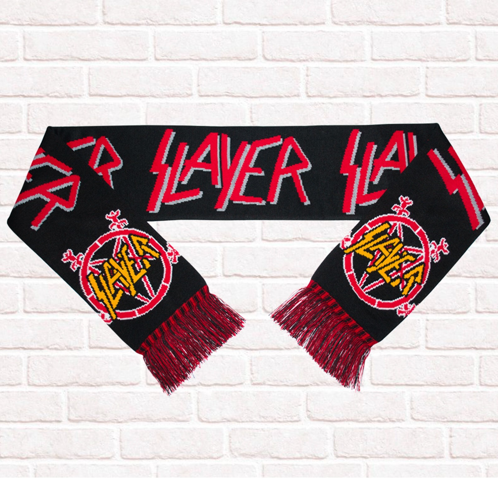 Slayer black embroidered scarf, Thrash Metal merch. Pentagram accessory.