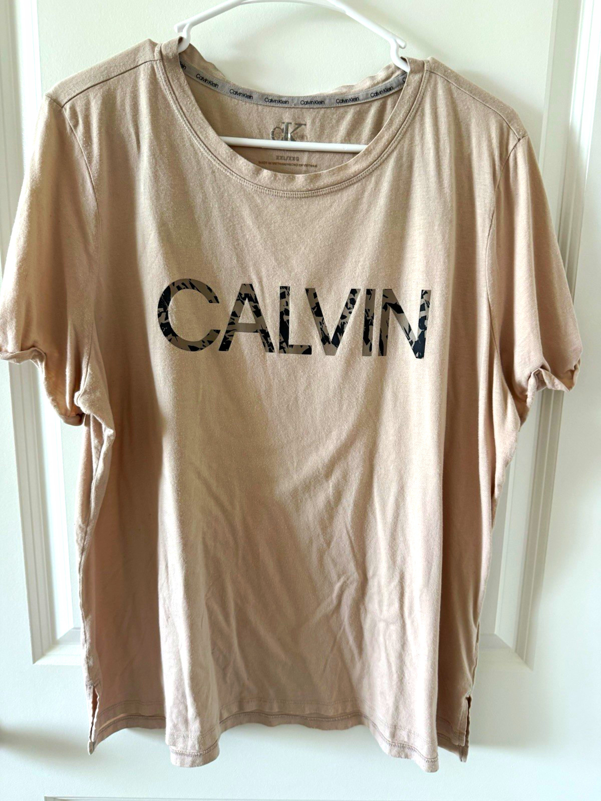 Calvin Klein Beige CK Logo Graphic Cotton Jersey Crew Neck T-Shirt Womens  2XL