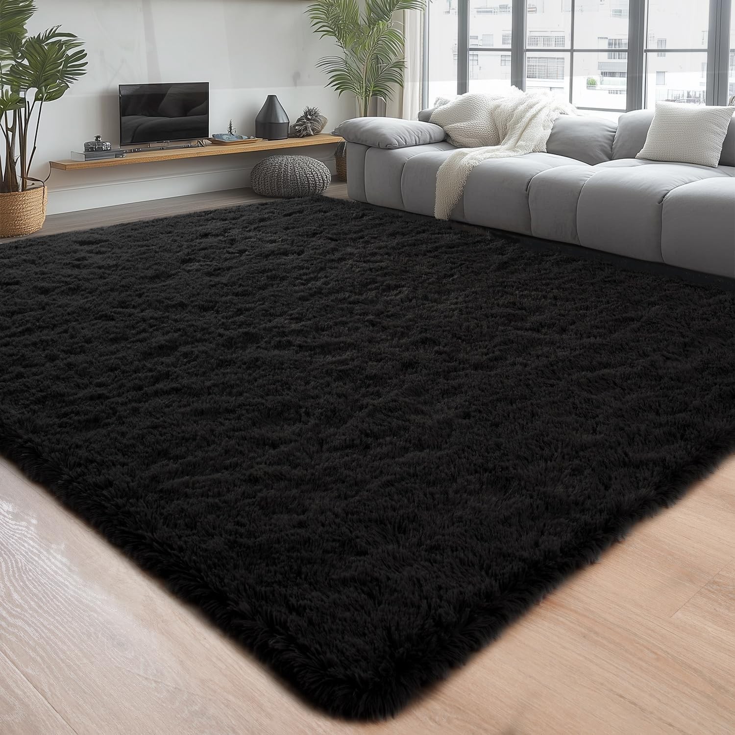 Luxurious Plush Black Area Rug 4x6 ft - Fluffy Non-Shedding Comfort