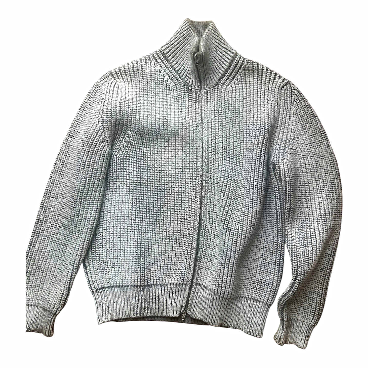 Maison Margiela Painted Men\'s Gray Rib-Knit Full Zip Mock Neck Sweater XL