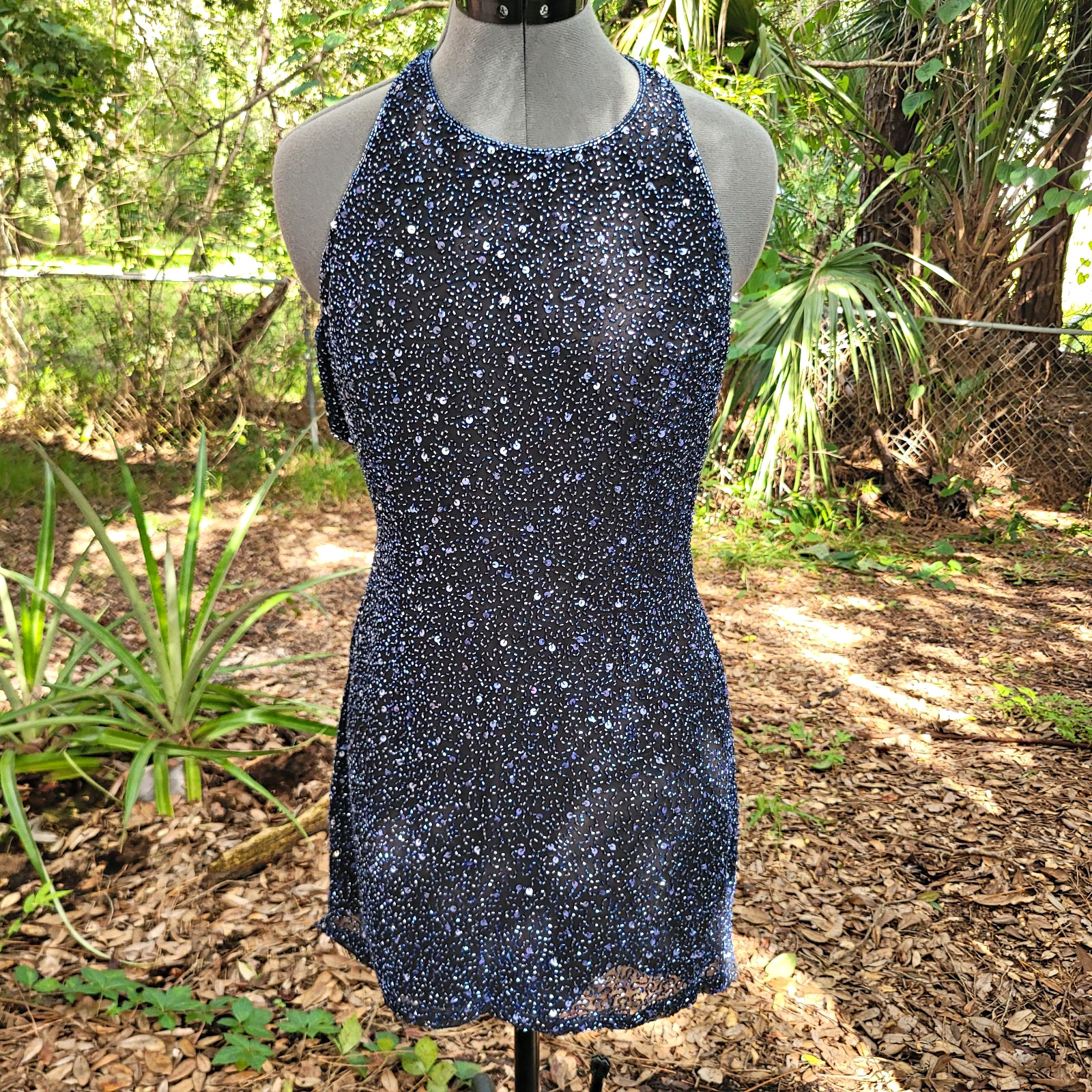 Scala XL Blue/Black Beaded Halter Sheath Short Dress Open Back Lined Silk