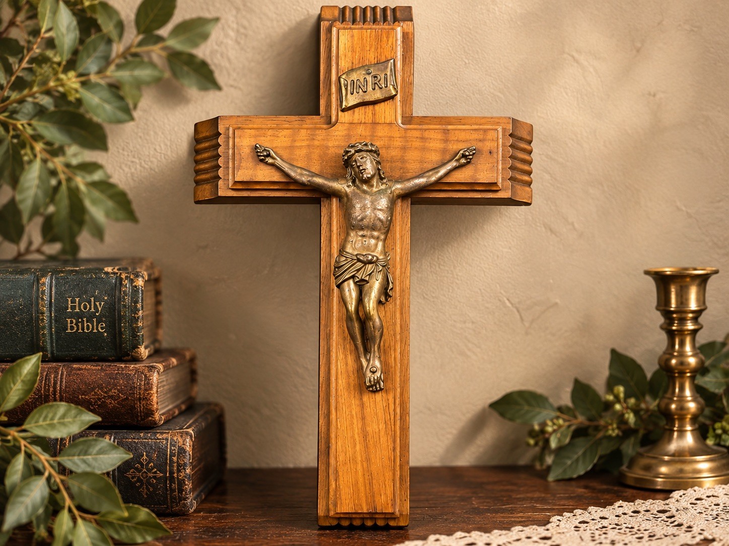 Vintage Catholic Sick Call Last Rites Crucifix Wood Cross Candles INRI 13” Holy