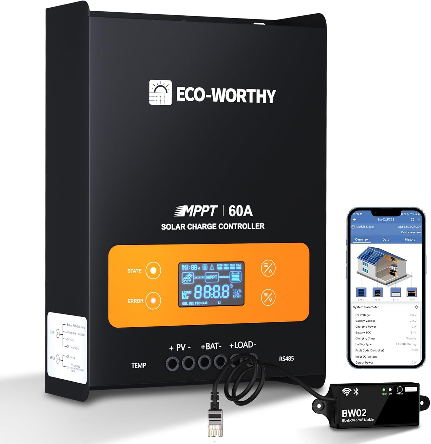 ECO-WORTHY 60A MPPT Solar Charge Controller with Bluetooth&Wifi, Max PV Input 15
