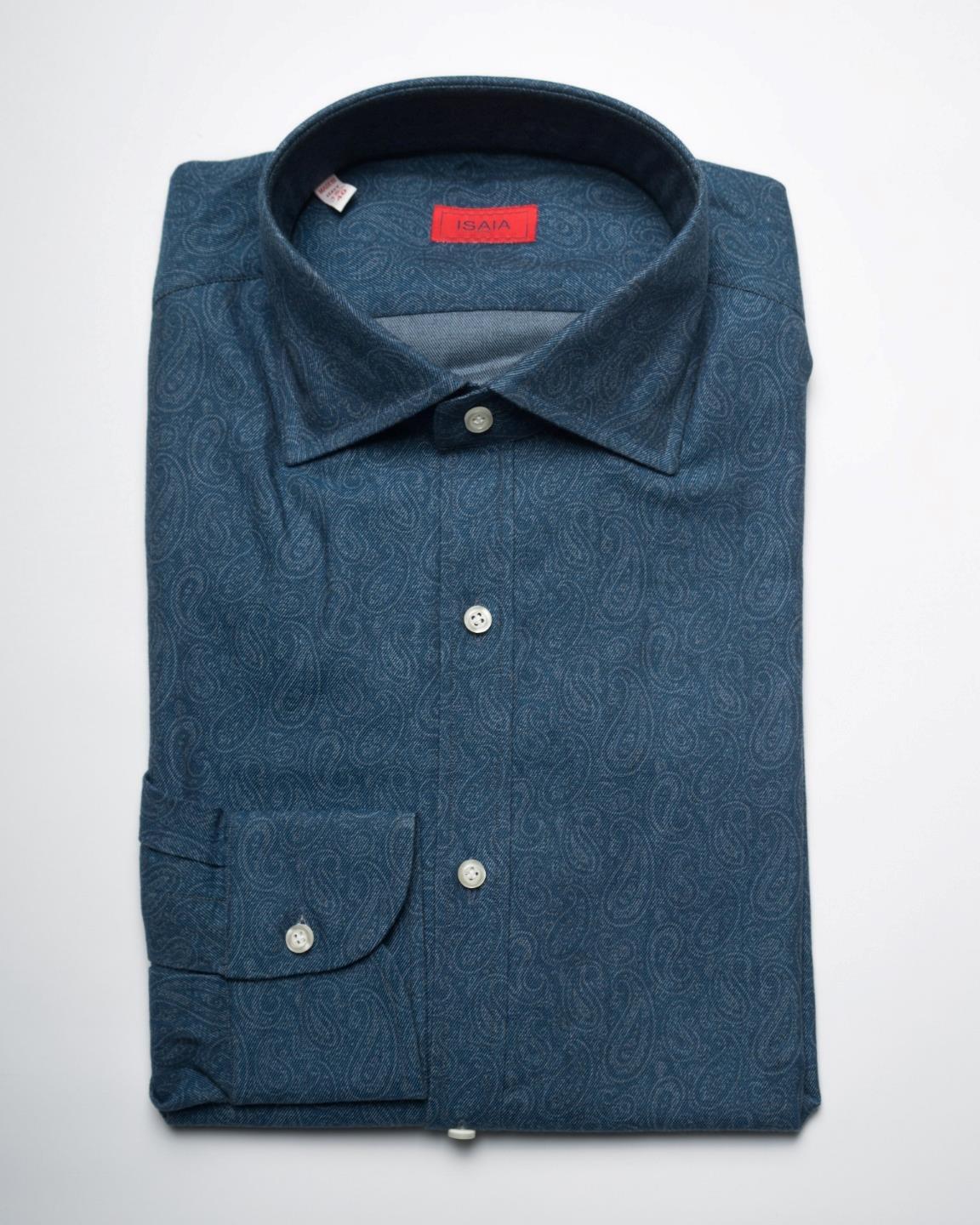 Isaia $775 NWT Blue Tonal Paisley Cotton \'Italia\' Fit Sport Shirt 40 eu 15.75 US