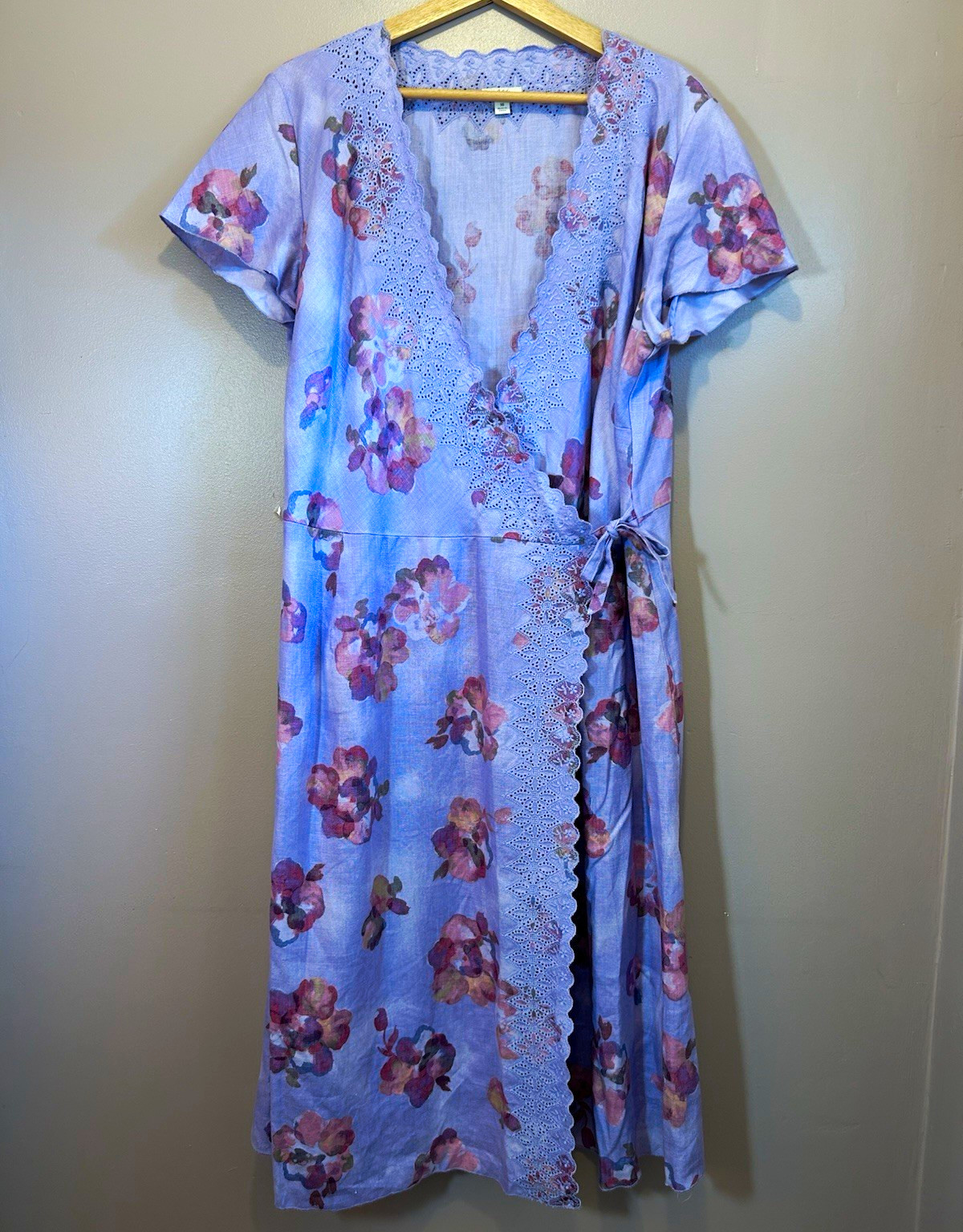 J. Jill 100% Linen Wrap Midi Dress V-Neck Lace Trim Short Sleeve Wedding Guest