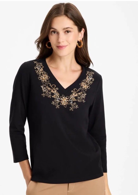 CHICO’s Embroidered Cotton Stretch 3/4 Sleeve Tee NWT SIZE L