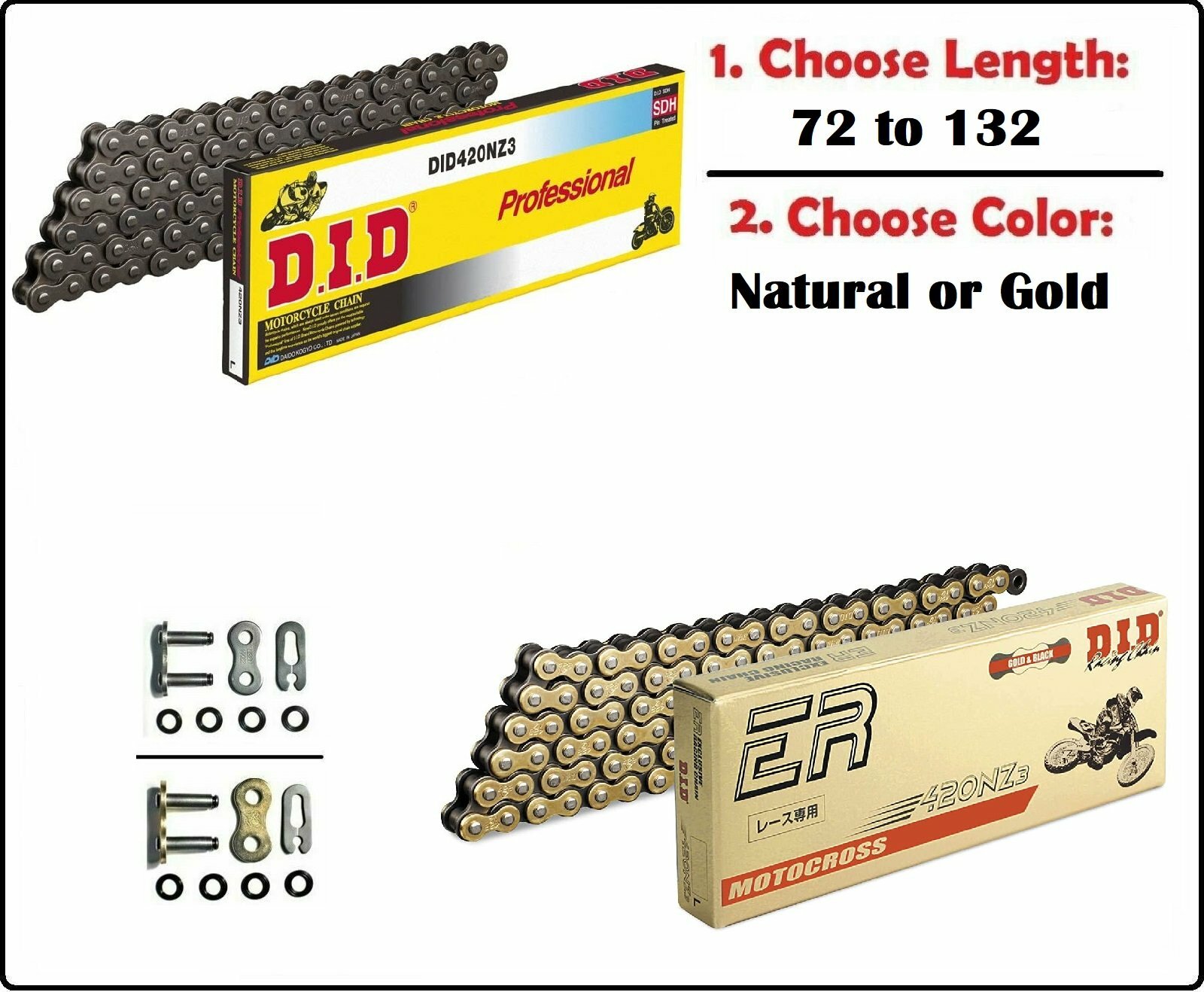 D.I.D DID 420 NZ3 Non Oring Drive Chain Natural or Gold with Clip Master Link D.I.D DID 420 NZ3 Non Oring Drive Chain Natural or Gold with Clip Master Link