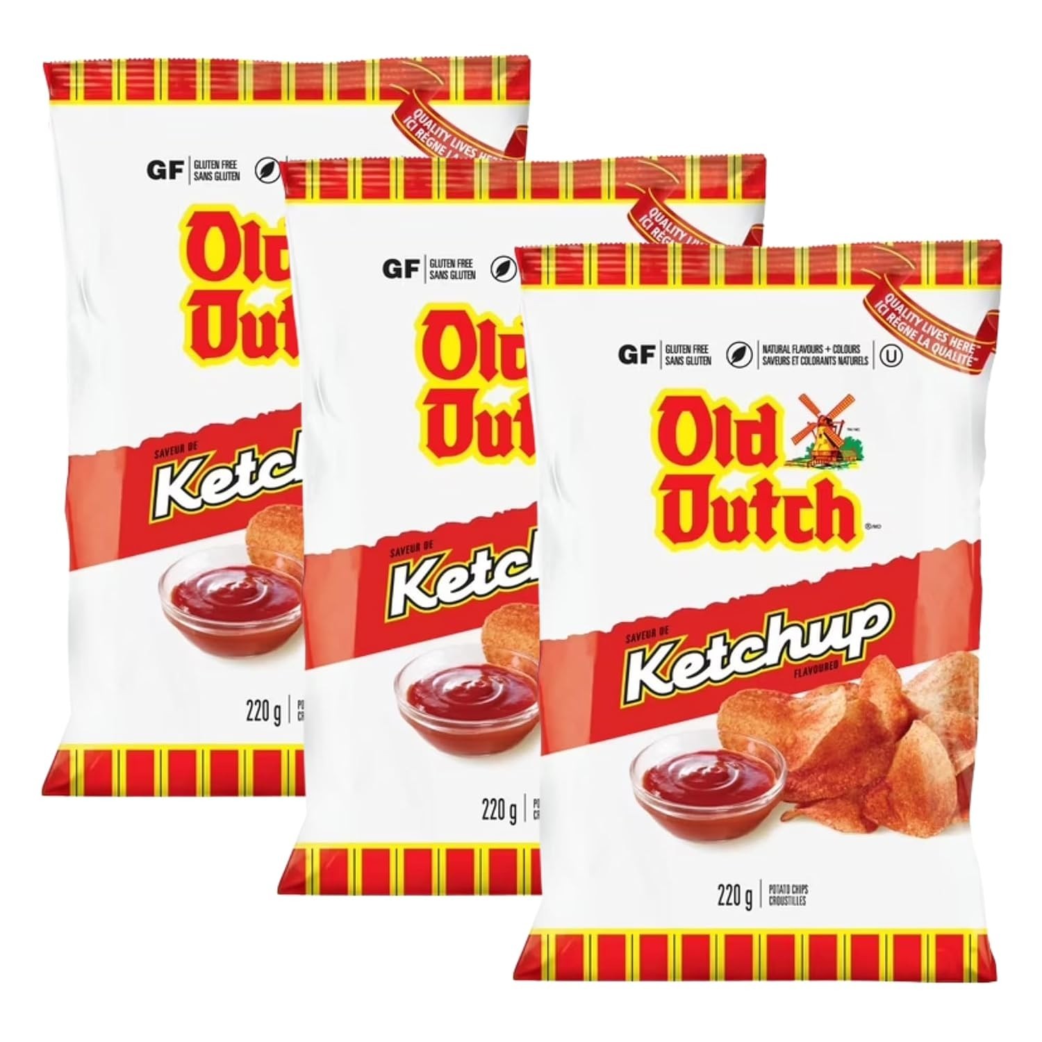 Old Dutch Potato Chips, Ketchup, Large Family size 220g Pack 3 - 