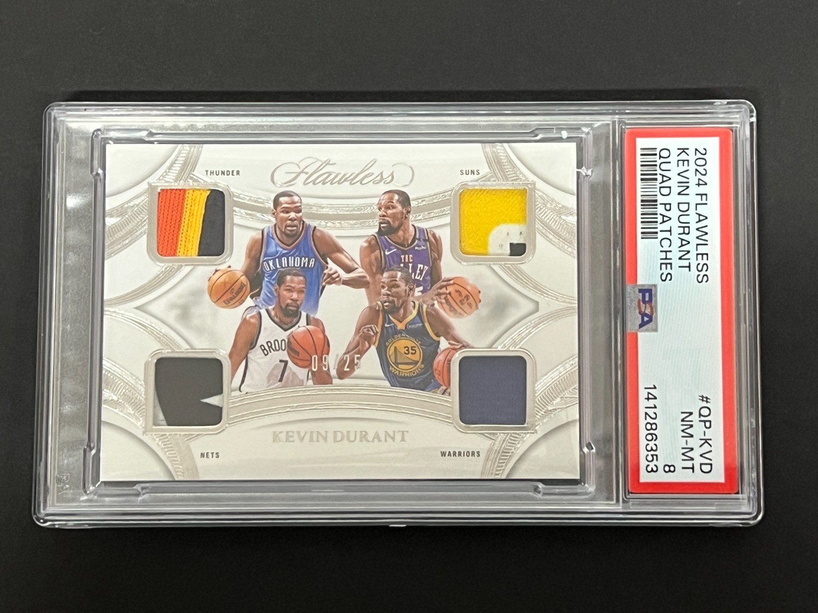 Kevin Durant 2024-25 Panini Flawless Quad Patches #ed 3/25 PSA 8