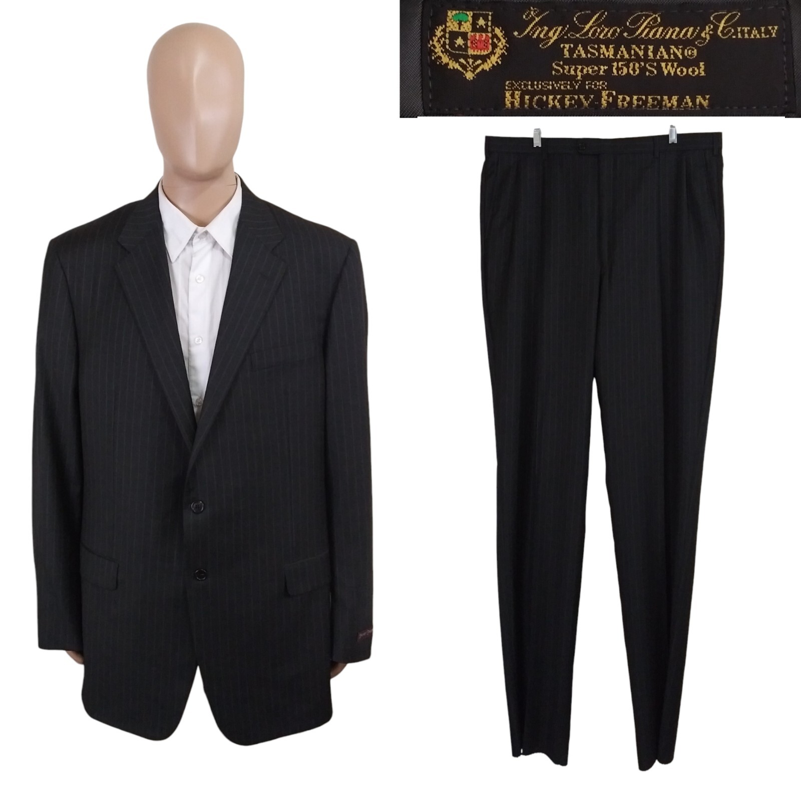 NEW Hickey Freeman Loro Piana Tasmanian Two Piece Gray Stripe Suit 46XL 40 Waist