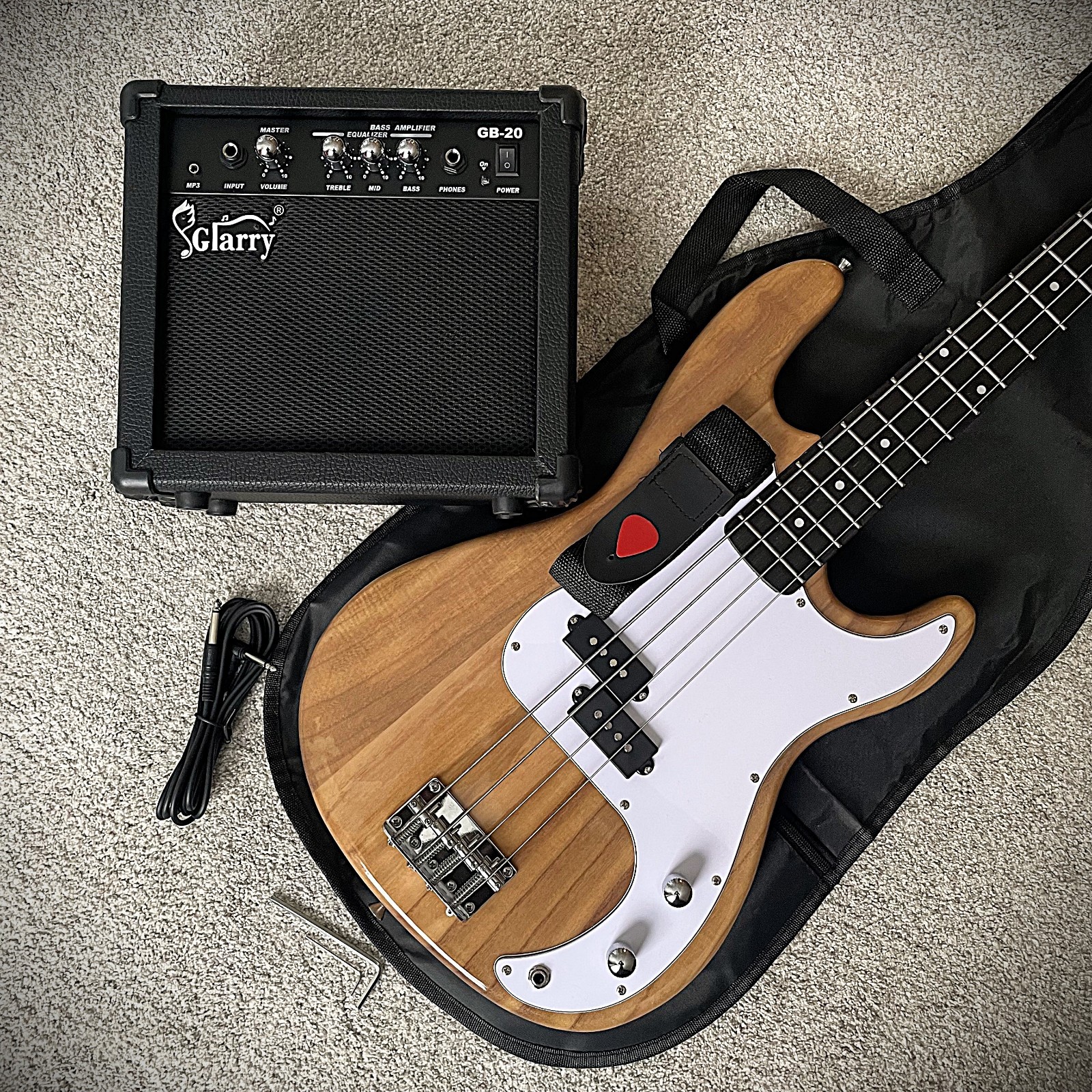 Full-Size Natural Electric Bass Guitar Starter Package w/ 20w Amp & Accessories