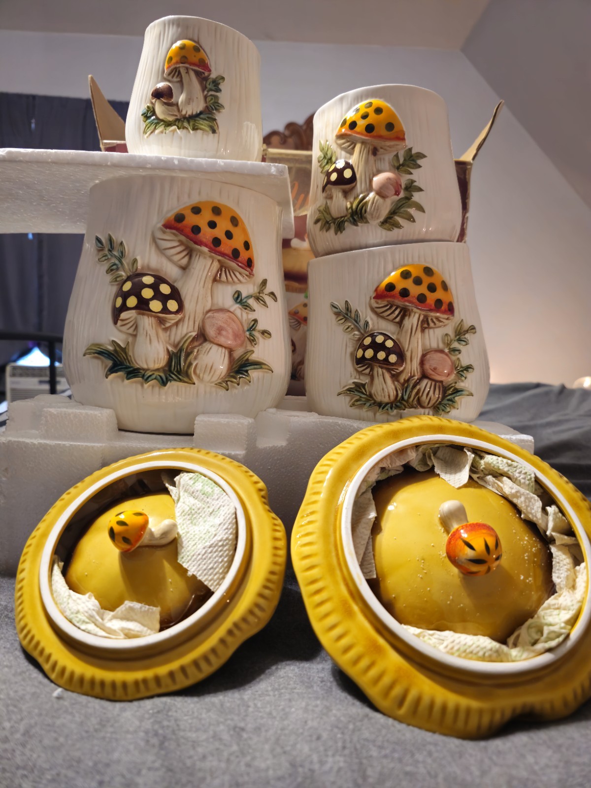 Vintage 1978 Sears Roebuck Merry Mushroom Ceramic Canisters ~ Set of 4 Japan