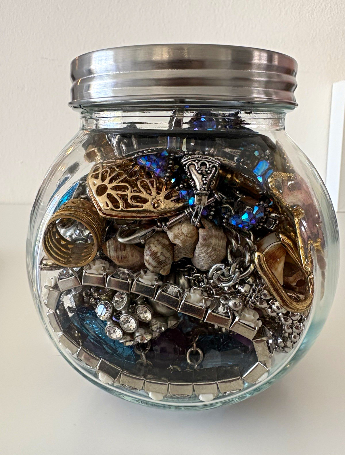 Vintage Jewelry Jar 18 Pc Mixed Lot Blue Rhinestone Gold Silver Tone Statement