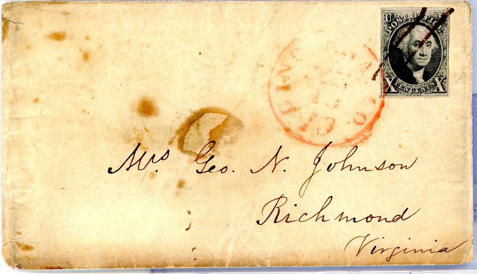 #2 10¢ 1847 Washington tied by Red Circle Cancel on Richmond, VA Folded Letter